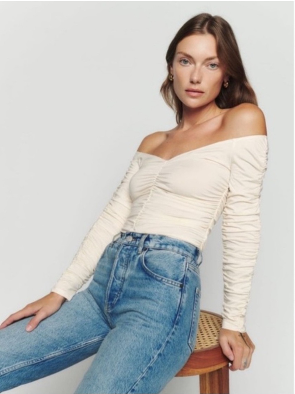 XS Reformation Leonora Off-Shoulder Ruched Long-Sleeve Top in Cream NWOT